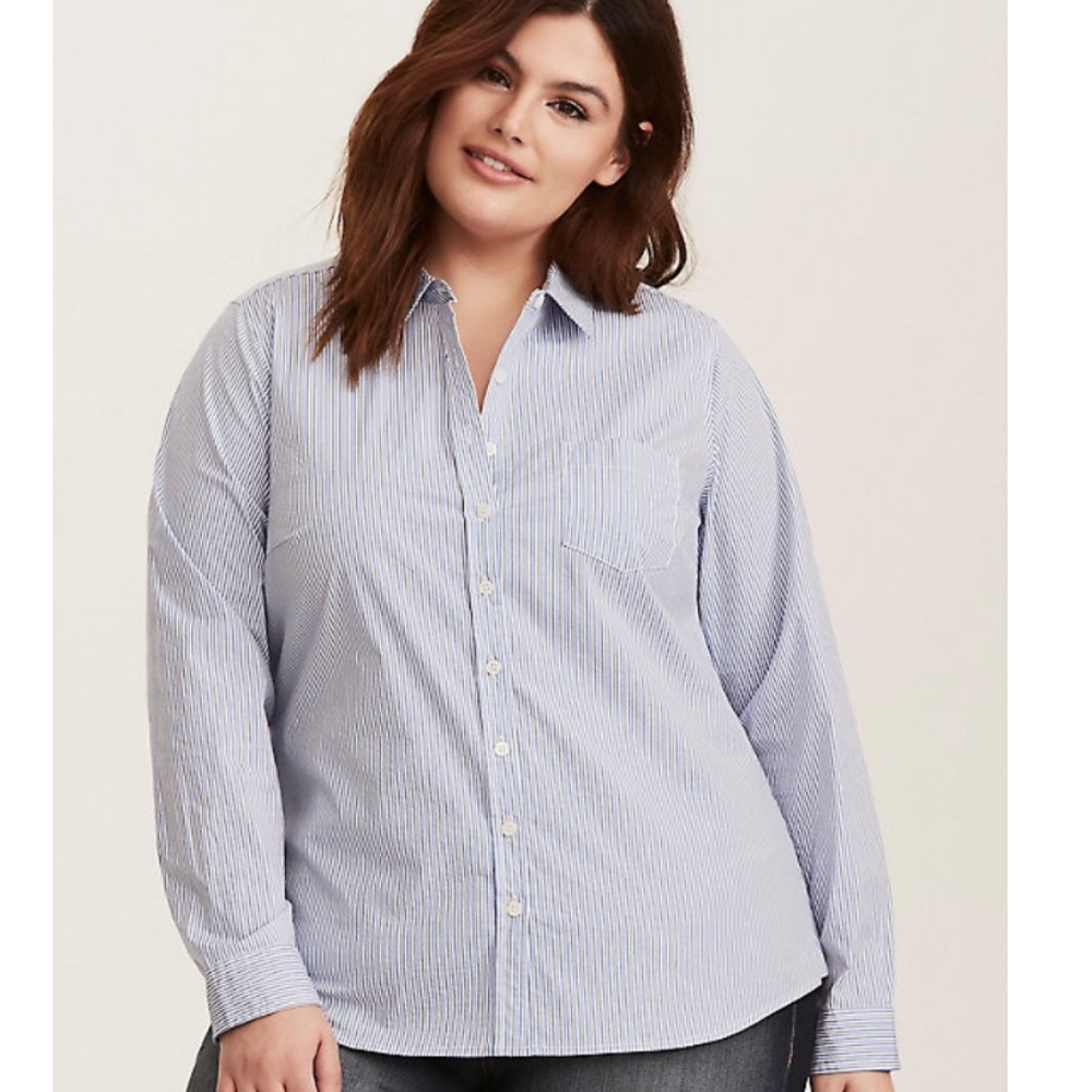 Torrid White and Blue Striped Poplin Top